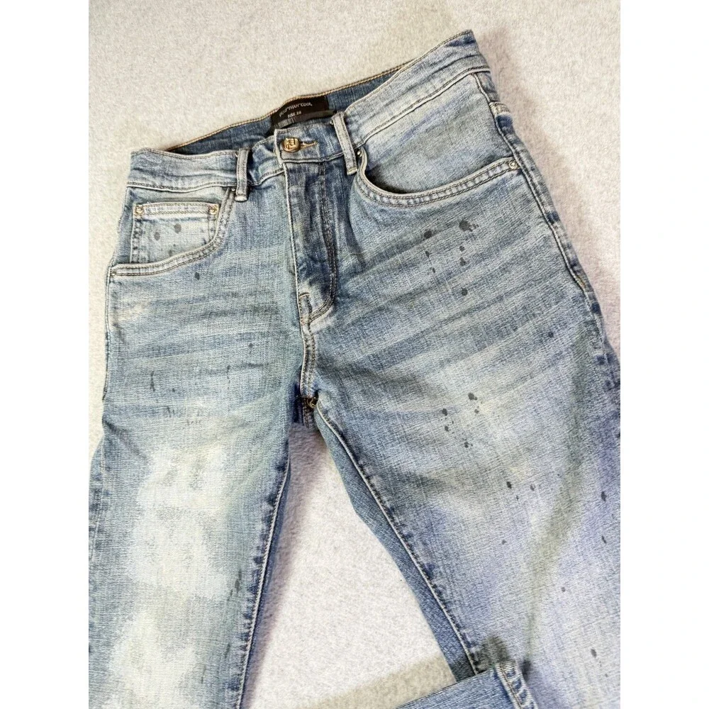 DEAD THAN COOL Youth Slim Fit Jeans Light Wash Painted Distressed Denim Size 28